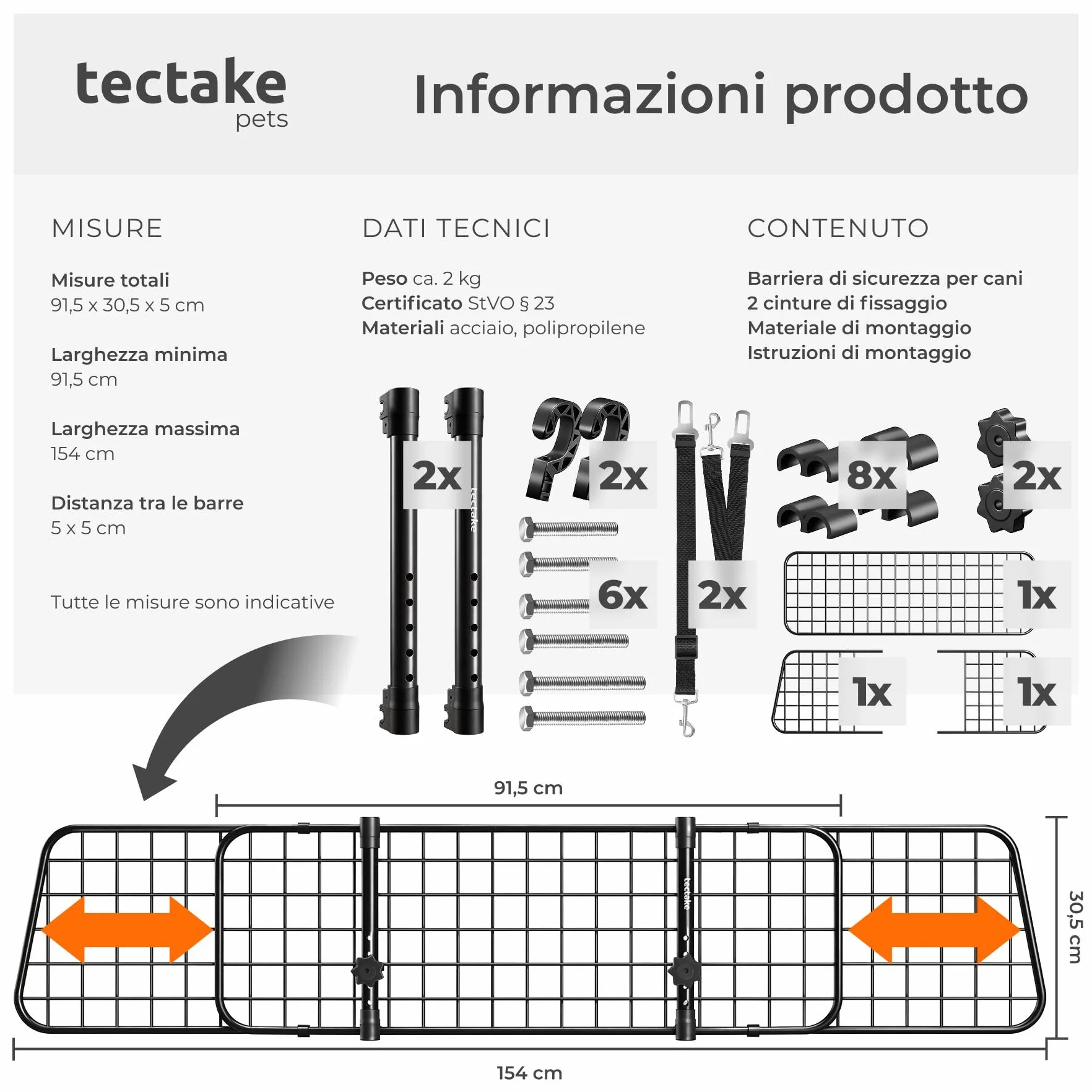 tectake® Griglia di Protezione per Cani Universale in Acciaio, Divisorio di Sicurezza per Cani Regolabile in Larghezza 91,5–154 cm, Rete Auto per Cani Universale con Sistema ad Incastro e 2 Cinture