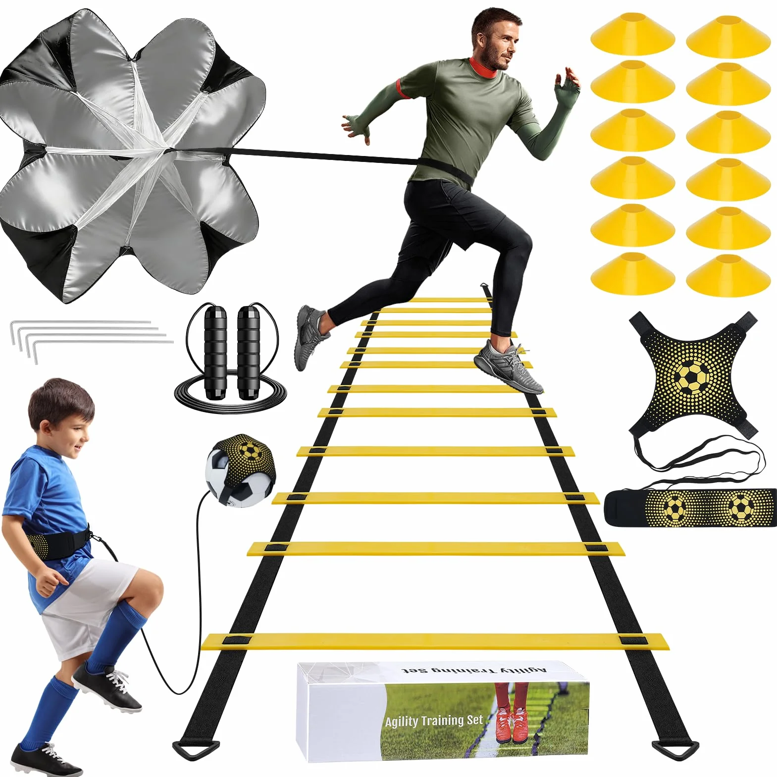 Kit Allenamento Calcio e Agilità con Scala 6M, 12 Coni, Paracadute da Corsa, Corda per Saltare