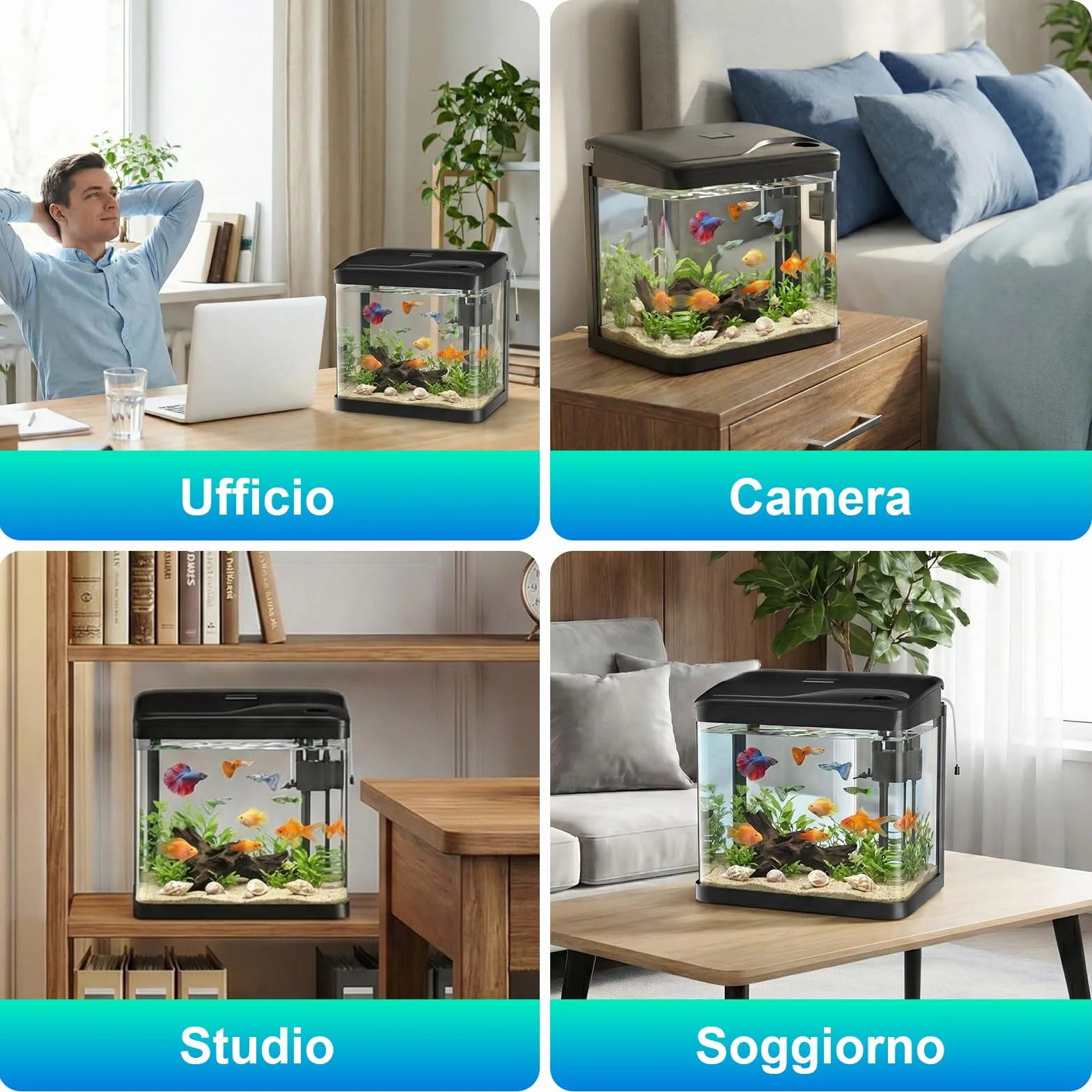 Acquario in Vetro Acquario Completo Acquarios Per Pesci Rossi,con Illuminazione a LED e Sistema di Filtraggio,10 Litri,Nero,Set Per Principianti