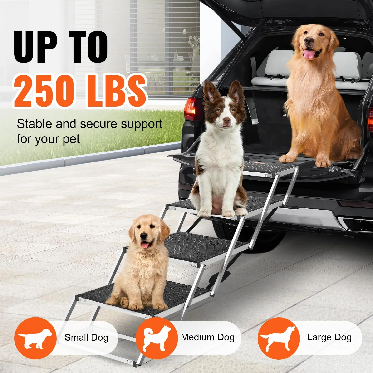 VEVOR Scala per Cani Larghi per Auto 4 Gradini, Rampa Pieghevole con Superficie Antiscivolo, Animali Domestici Gradini Portatili in Alluminio Leggero per SUV e Camion, Supporta Fino a 113 KG