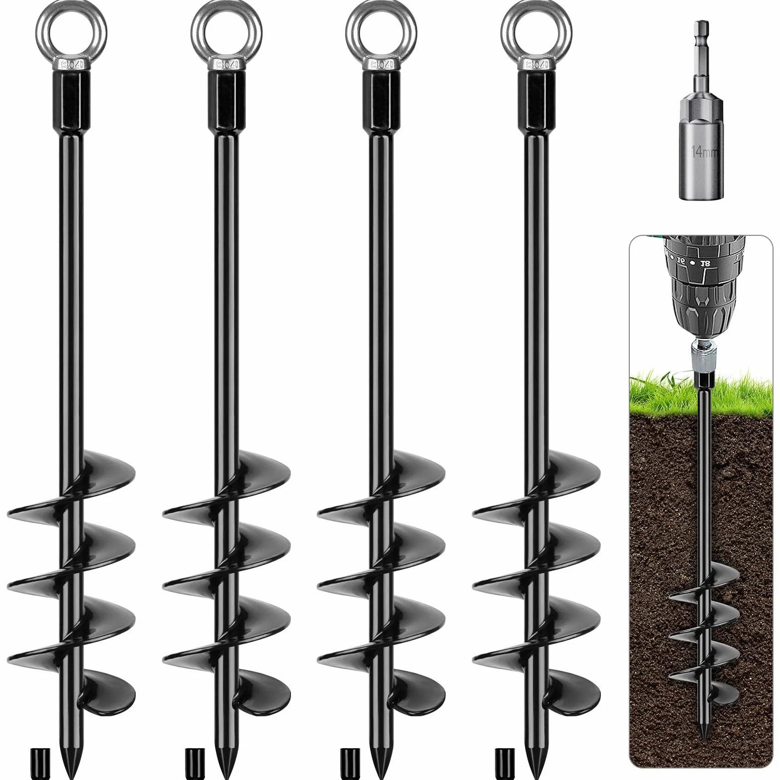 BeneLabel Picchetto per tenda resistente, 47 cm, con vite di ancoraggio a terra, 4 pezzi, in metallo, sabbia, sabbia, vento, tempesta, picchetto per altalena, campeggio, capannone, cane, posto auto