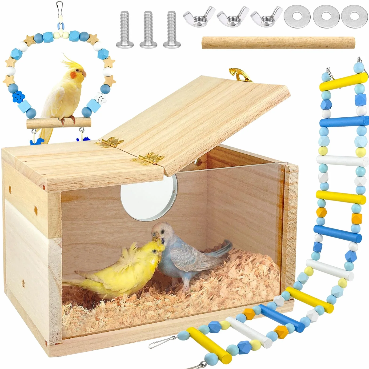1 Pezzi Nido Per Pappagalli, Nido Per Cocorite In Legno con Giochi per Uccelli Pappagalli per Piccoli Uccelli Come Fringuelli Pappagallini Canarini(19.5 x 12 x 12 cm)