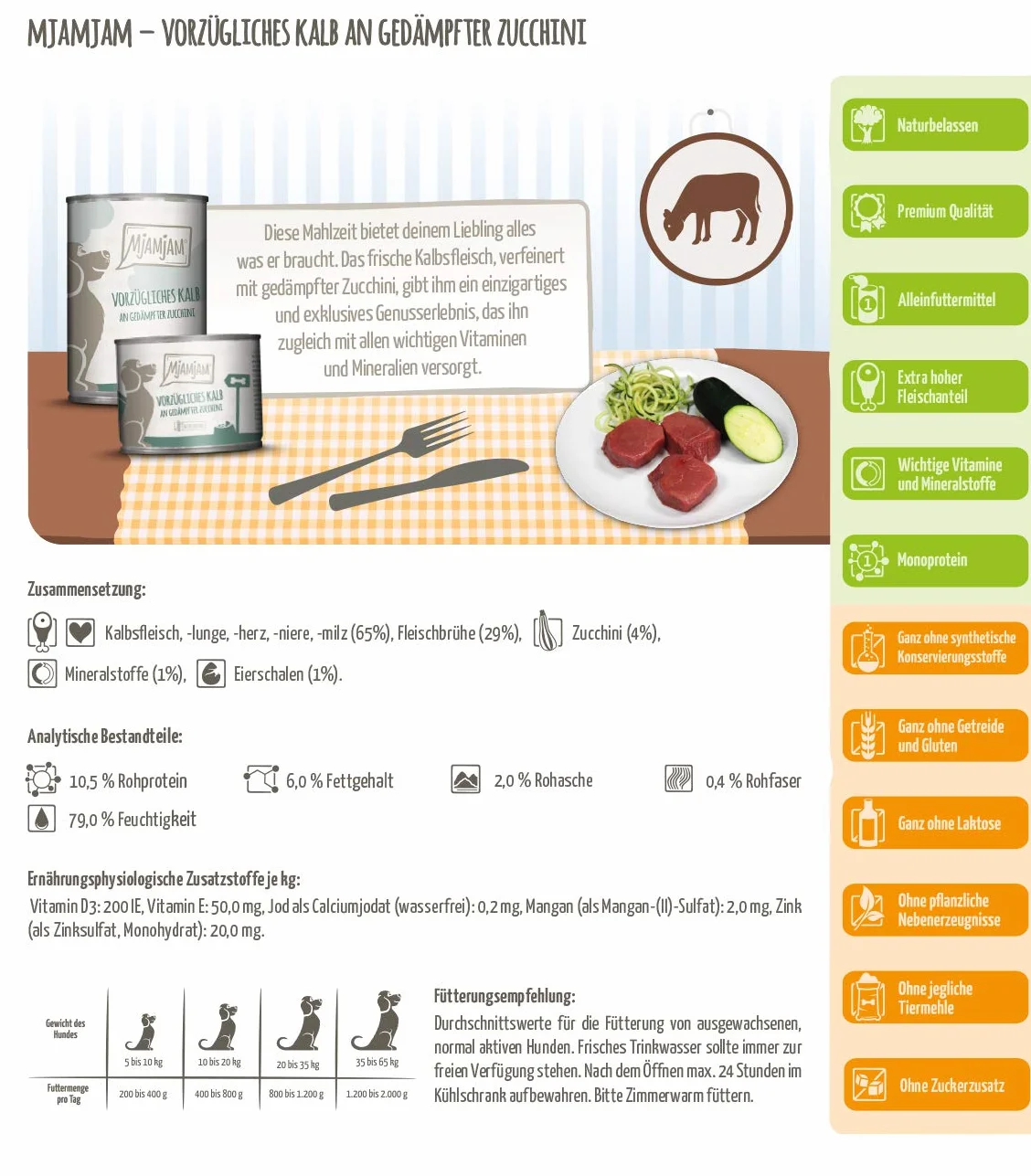 MjAMjAM - cibo umido premium per cani - ottimo vitello con zucchine al vapore, confezione da 6 (6 x 400 g), senza cereali con carne extra