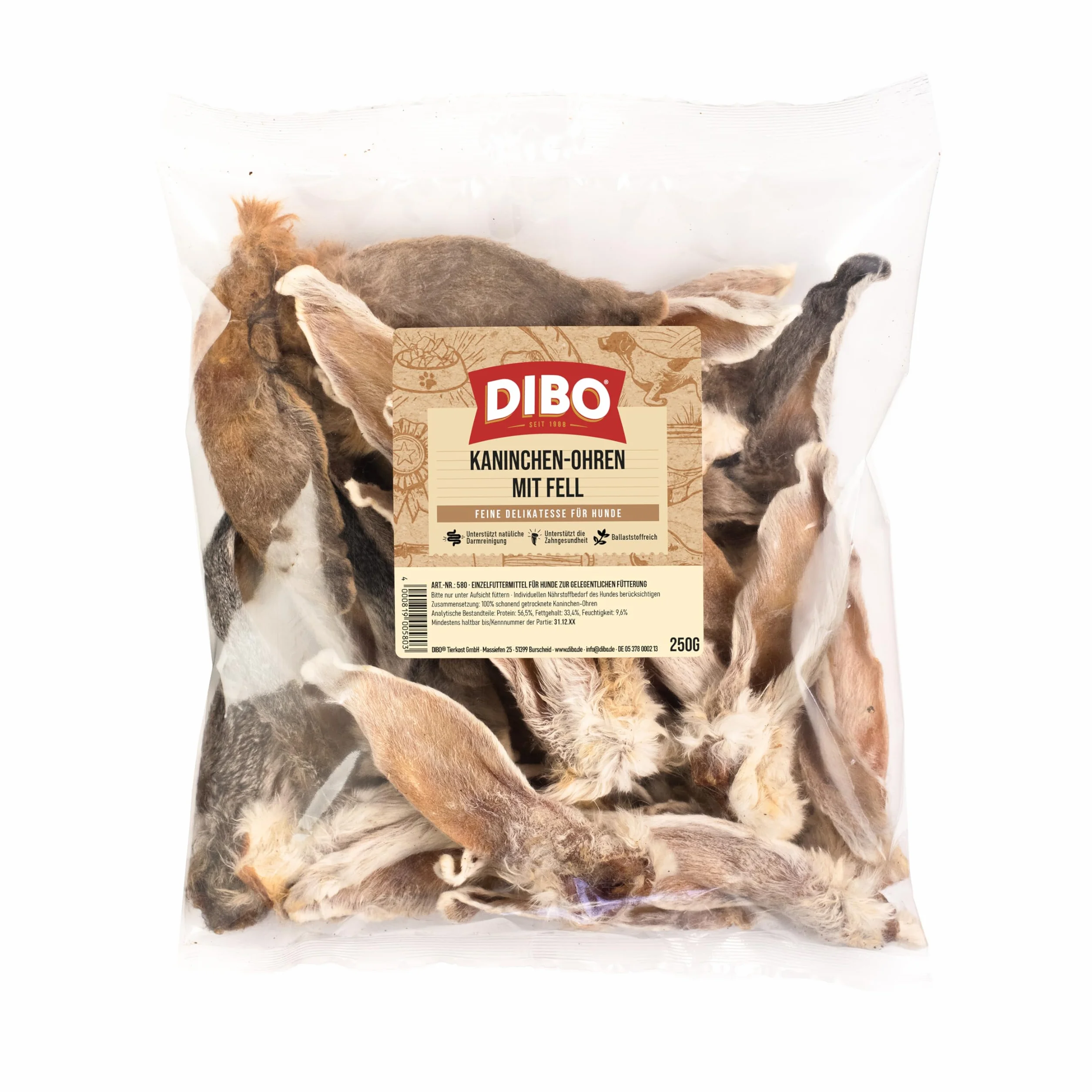 DIBO Orecchie di coniglio con pelliccia, sacchetto da 250 g, spuntino naturale essiccato al 100% per cani, pulizia naturale dell'intestino
