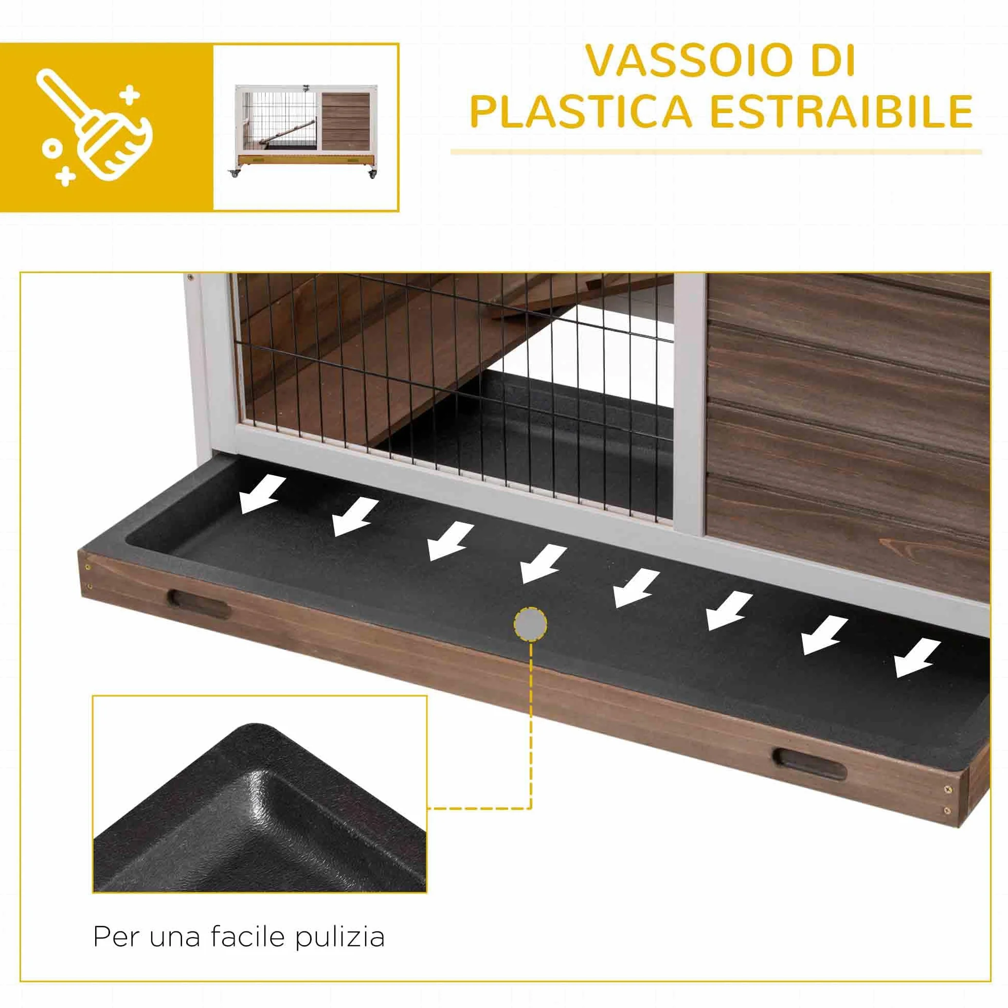 PawHut Gabbietta per Conigli e Porcellini d'India Conigliera con 4 Ruote, Casetta, Rampa e Vassoio Rimovibile, Legno Naturale, Marrone, 90x53x59cm