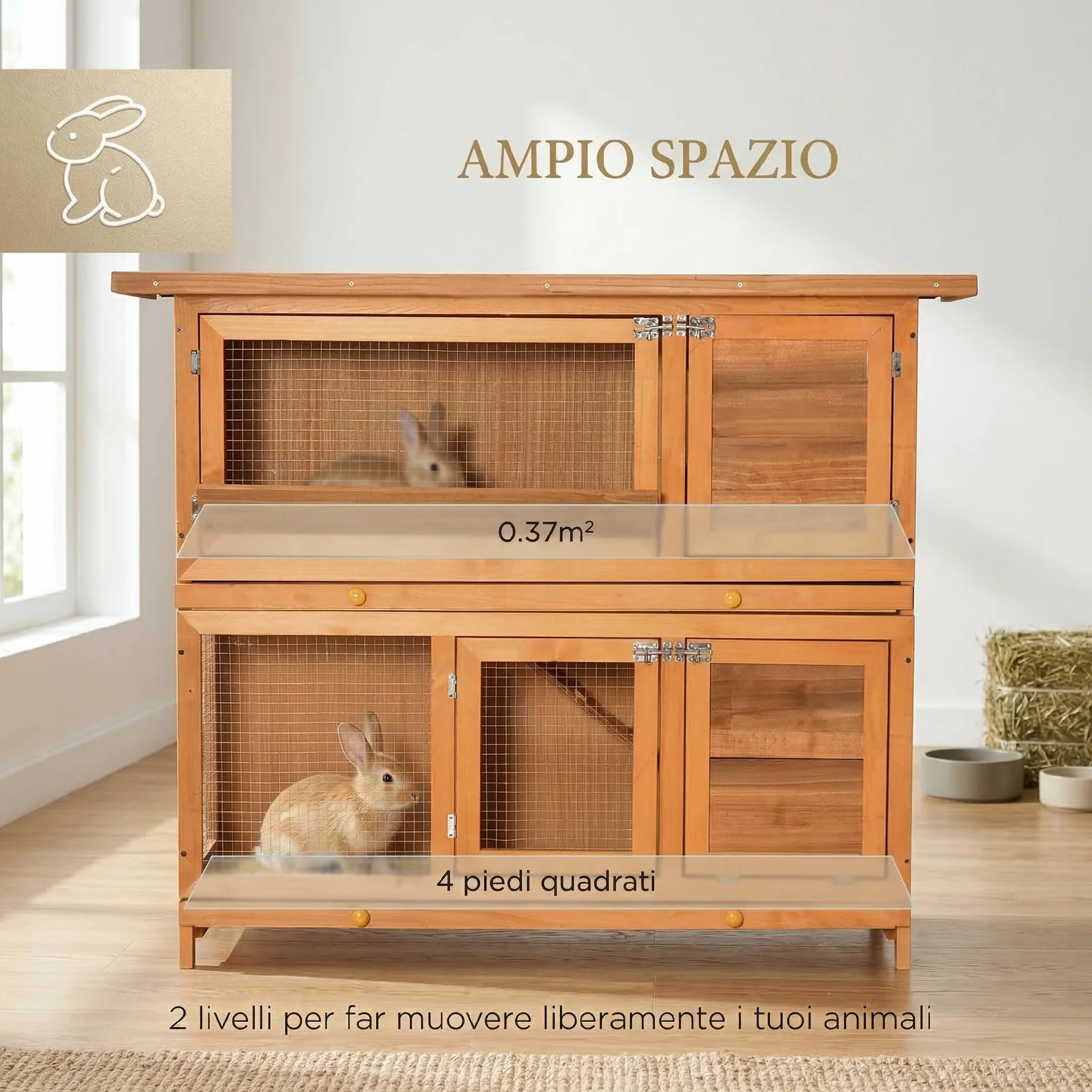 PawHut Conigliera da Esterno in Legno con Rampa a 2 Piani Casetta per Porcellini d'India e Gabbia Casetta per Conigli Animali Piccoli 122x48x100 cm