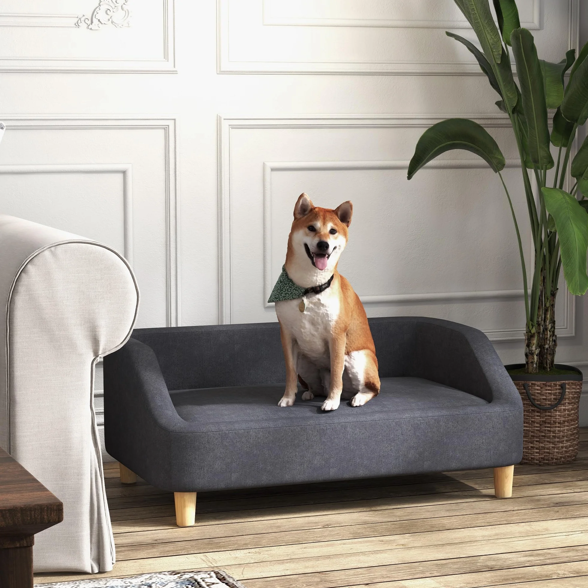 PawHut Divano per cani di taglia media e grande, con design rialzato, poltrona per cani con gambe in legno, grigio scuro, 95 x 63 x 39 cm