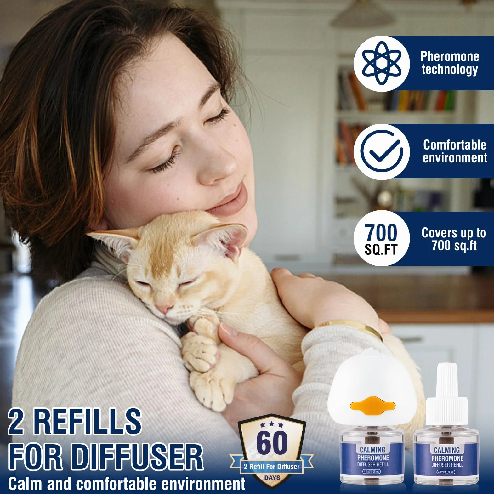 Feromoni Gatto Calmante 3 IN 1 Per Gatti Diffusore Di Kit Felini Rilassanti E Tranquillante Irrequieti Tranquillanti Antistress Repellente Gocce Calmanti Insapore（1 Tappo + 2 Ricariche Da 48ml）