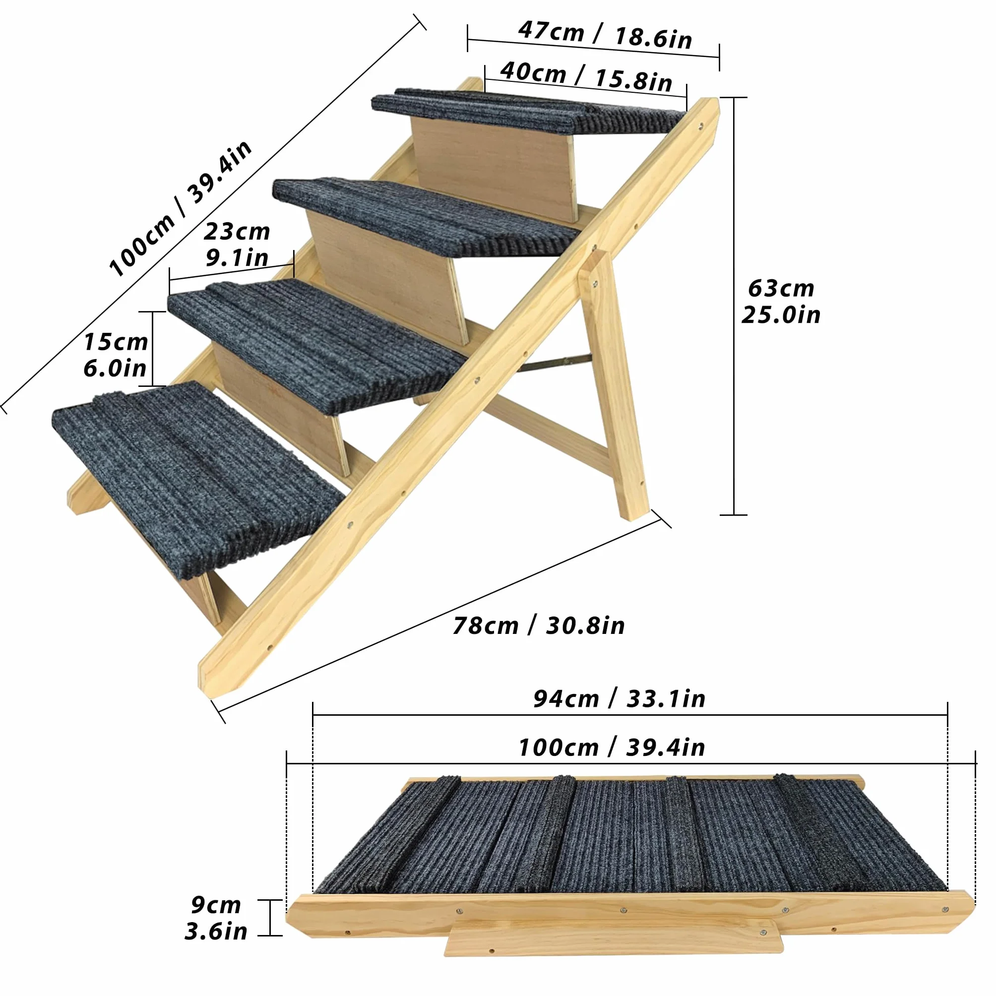 FIVMEN Scaletta per cani 2 in 1 Rampa per cani in legno pieghevole Regolabile in altezza con tappetino antiscivolo Scaletta per animali domestici per letto e divano, 100x47x63cm