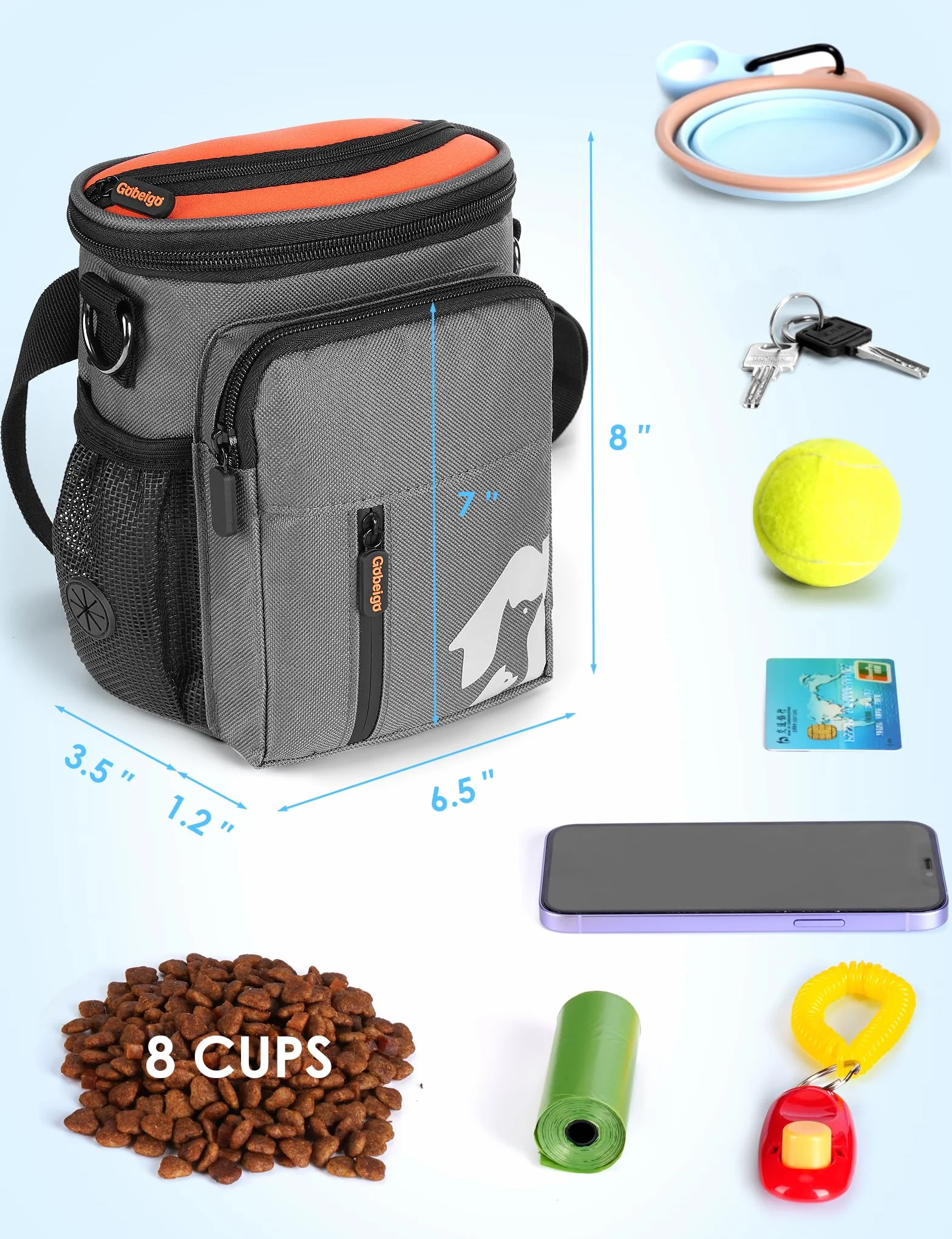 Gobeigo Sacchetto per 8 tazze per cani 【3 modi per indossarlo】 Borsa per addestramento e passeggiate, dispenser per sacchetti per la cacca integrato, adatta per telefoni grandi (grigio e arancione)